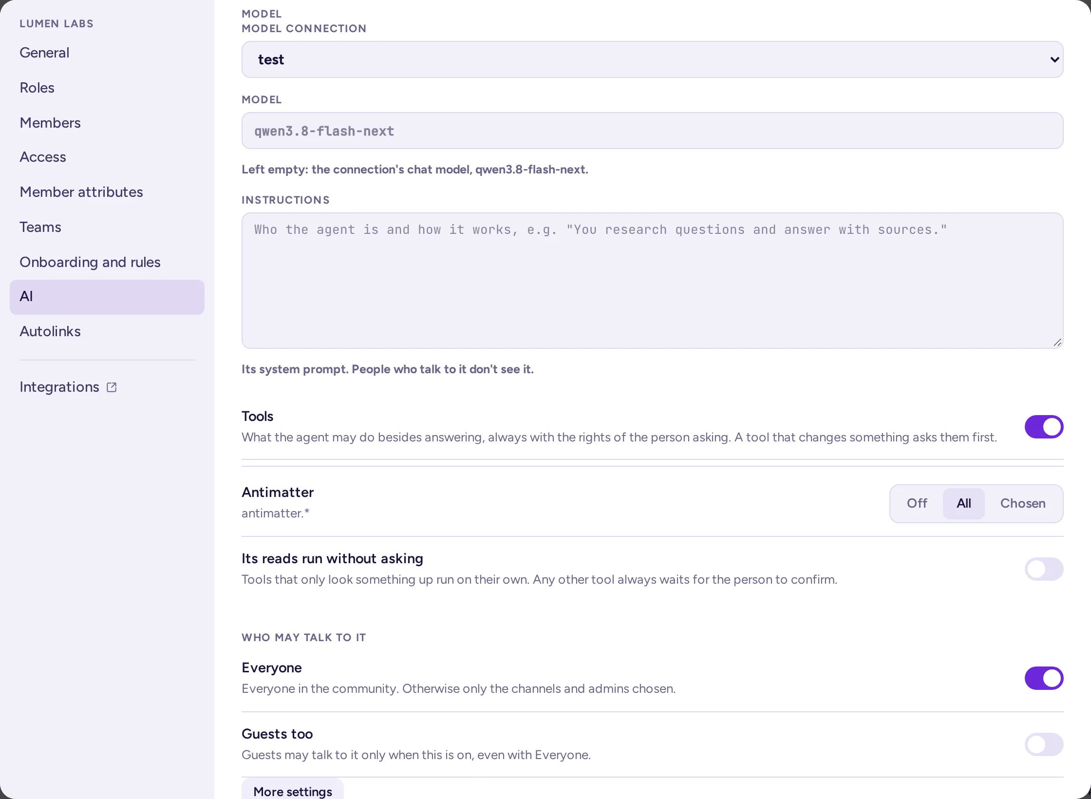 An agent's form, Tools section: a per-source Off/All/Chosen choice and Its reads run without asking