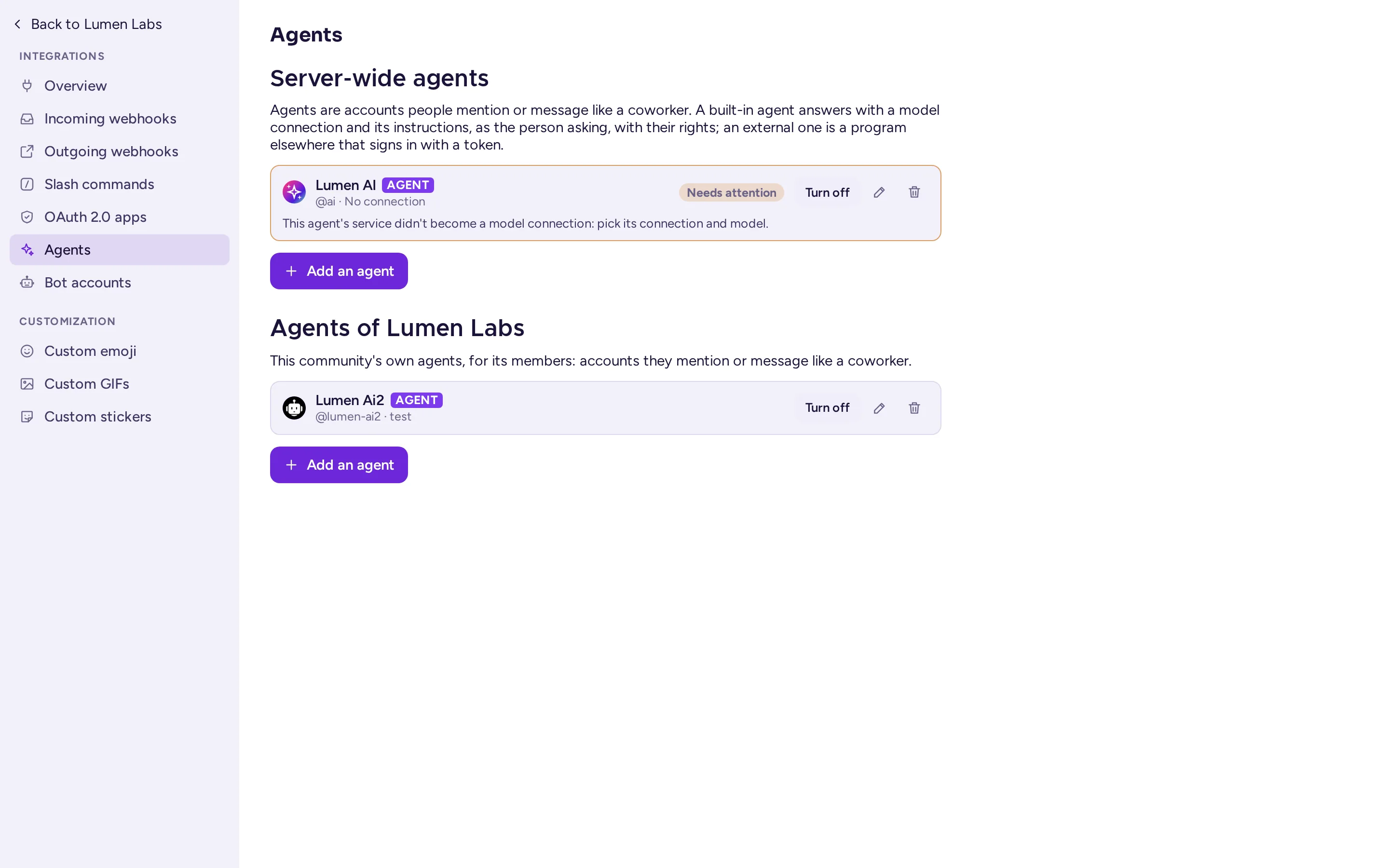 The Agents list, with a server-wide agent needing attention and a community's own agent