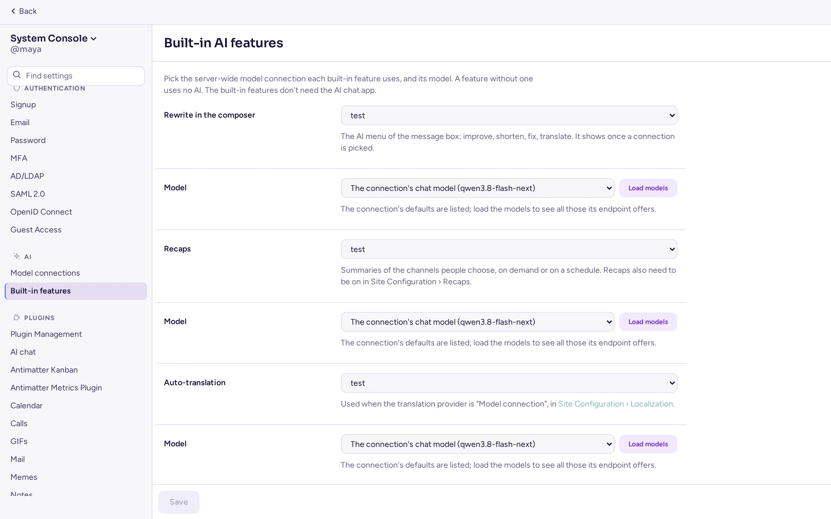 The Built-in AI features page, with a model connection picked for Rewrite in the composer, Recaps and Auto-translation