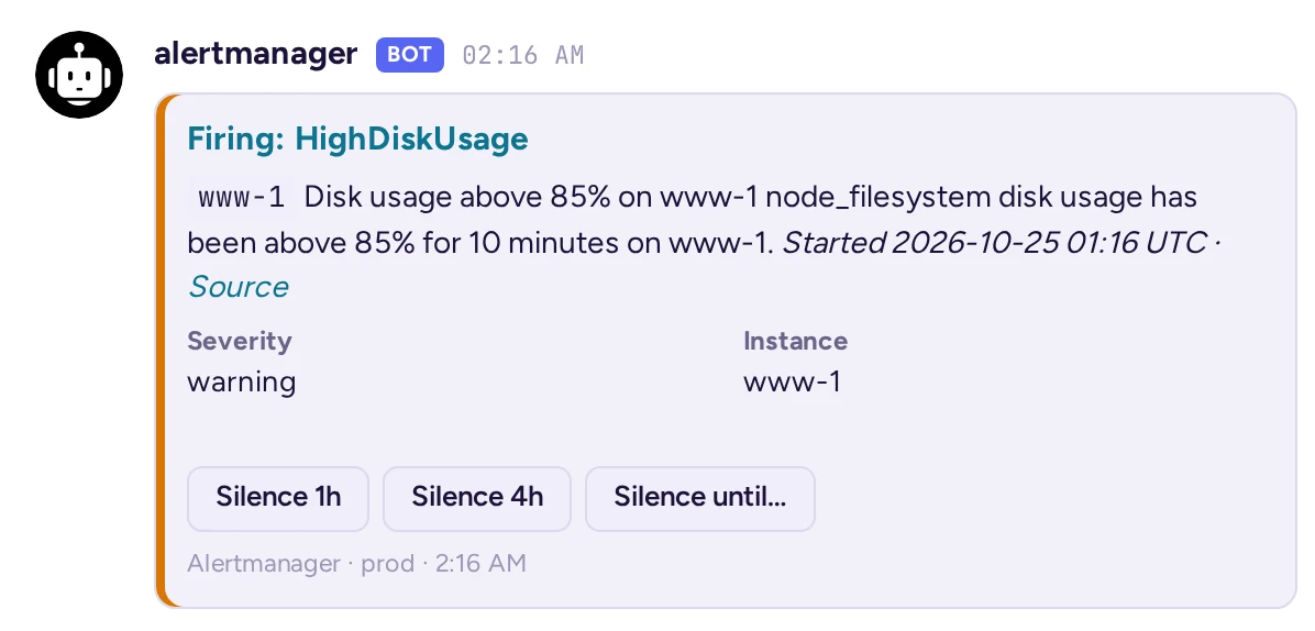 An Alertmanager alert card: its name, instance, severity, when it started, and Silence 1h, Silence 4h and Silence until buttons