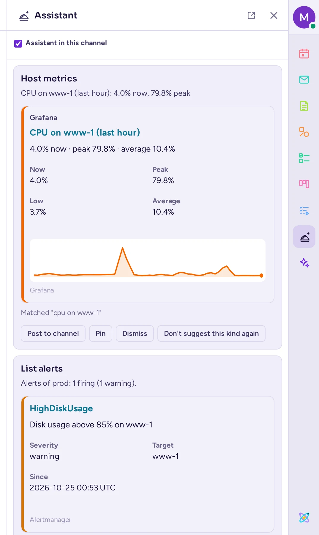 The assistant panel's feed: a Host metrics card with a CPU chart and a List alerts card, each with Post to channel, Pin, Dismiss and Don't suggest this kind again