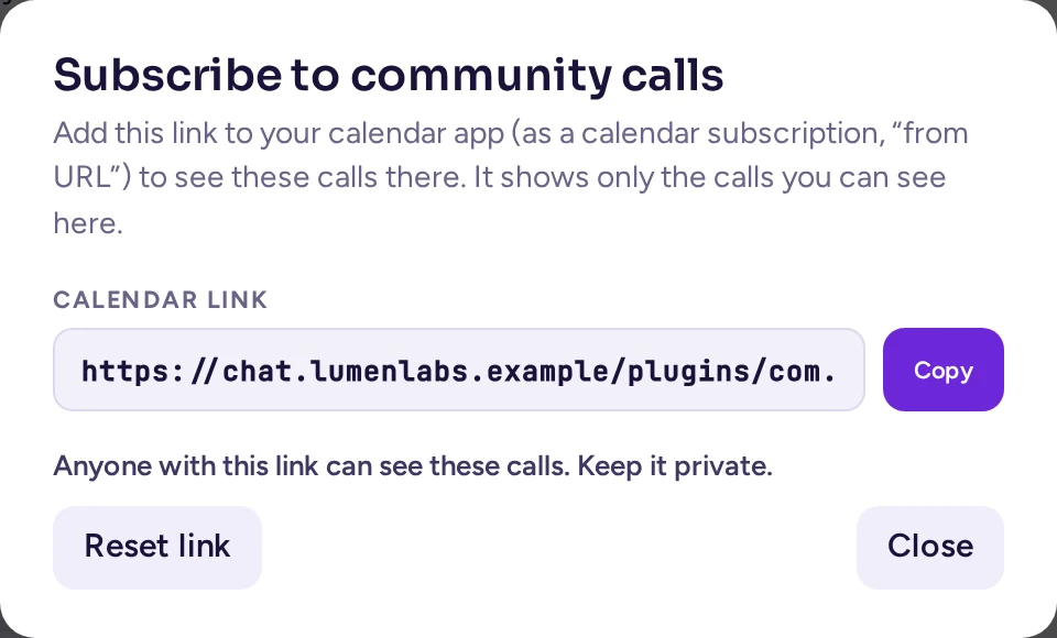 The Subscribe to community calls dialog: a private Calendar link with Copy, and Reset link