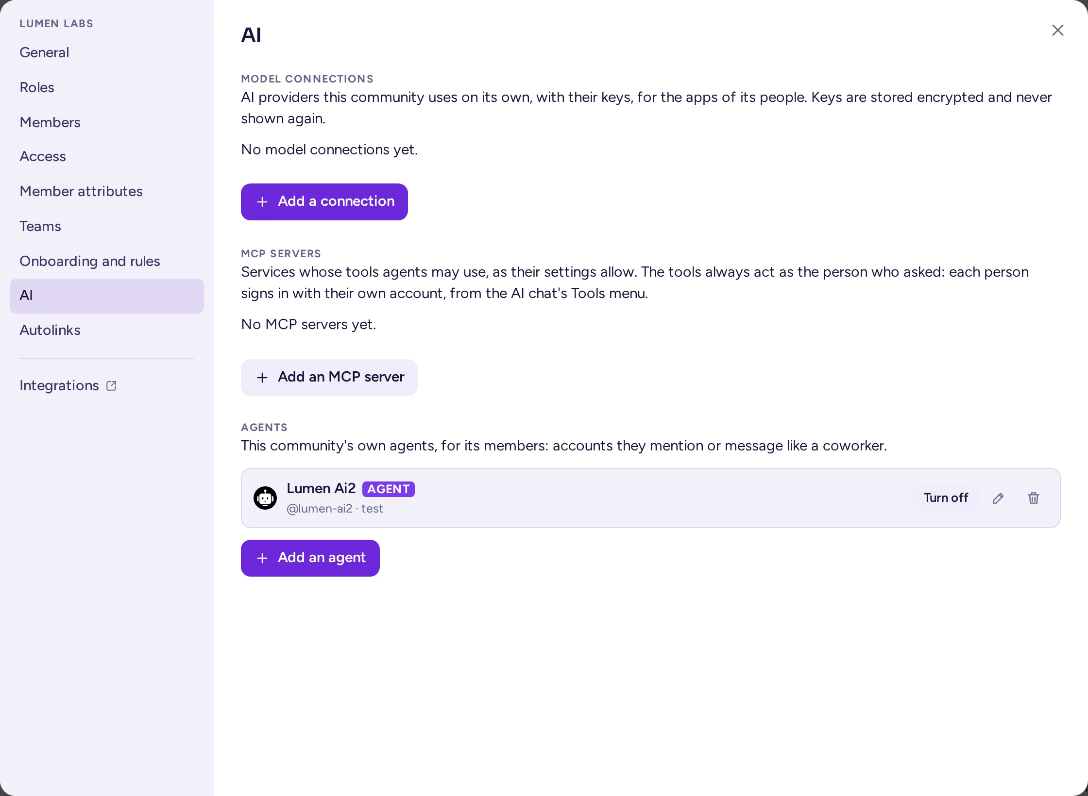 A community's AI tab, with one agent, its AGENT tag and a Turn off button