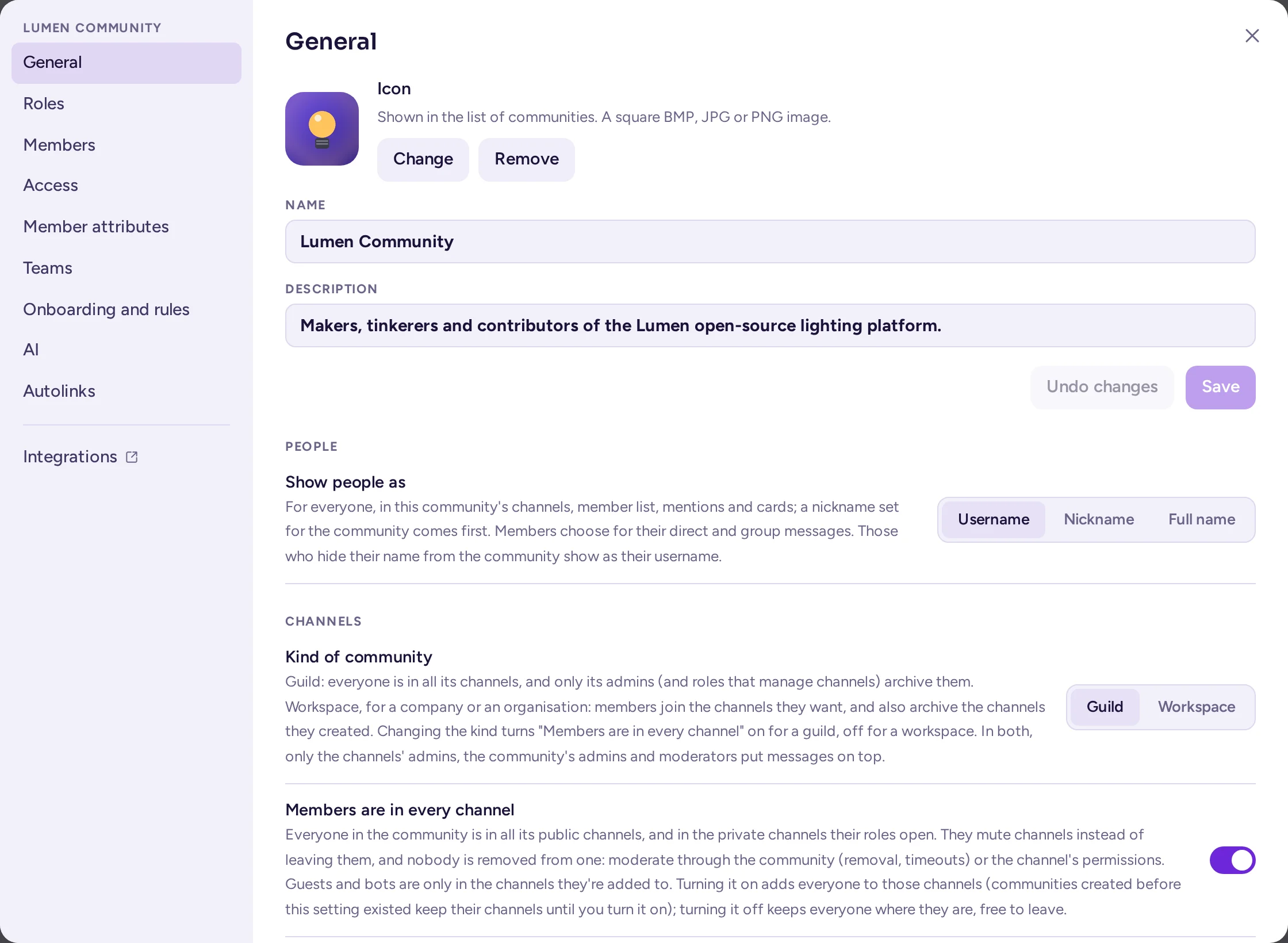 The General tab: name and icon, a People section with Show people as, Channels with the kind of community, and Community layout