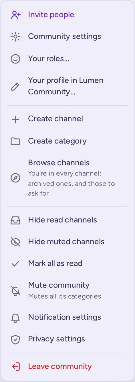 The community menu, with Invite people, Community settings, Create channel, Hide read channels and Leave community