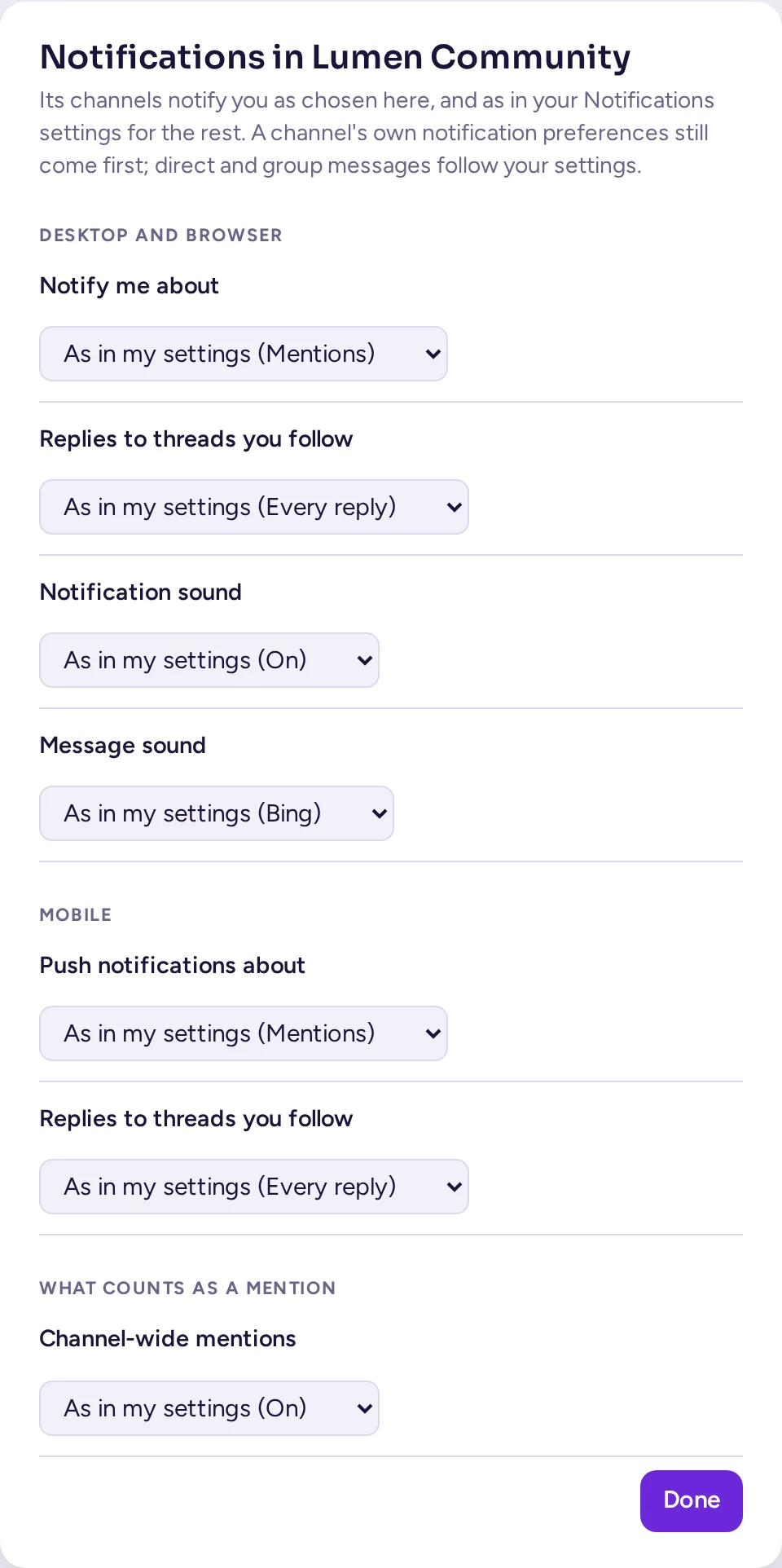 A community's own Notification settings dialog, each field starting from As in my settings (…)
