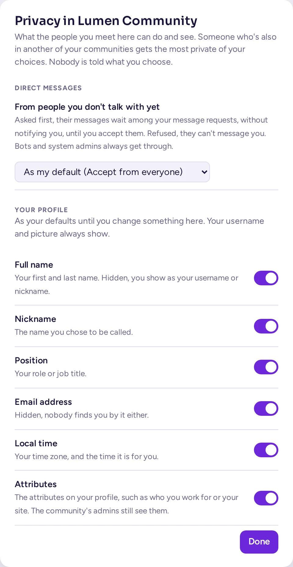 A community's own Privacy settings dialog: the same direct-messages choice, with a Refuse option, and the same profile switches