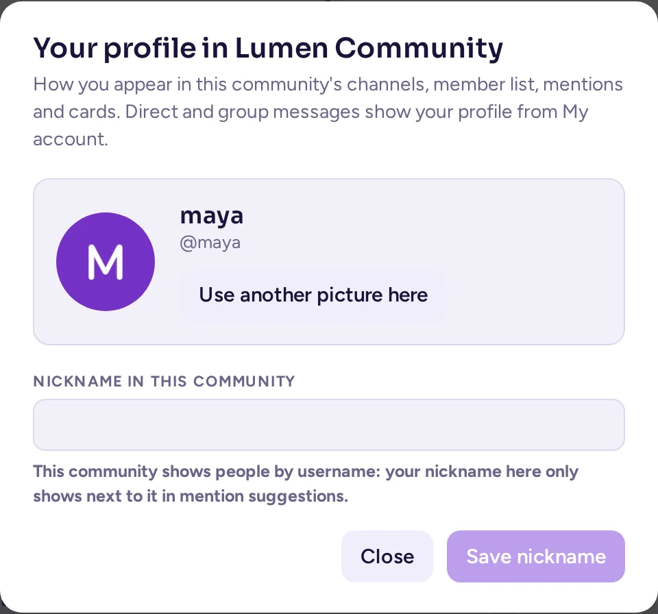 The Your profile in a community dialog: a picture, a nickname field and a Save nickname button
