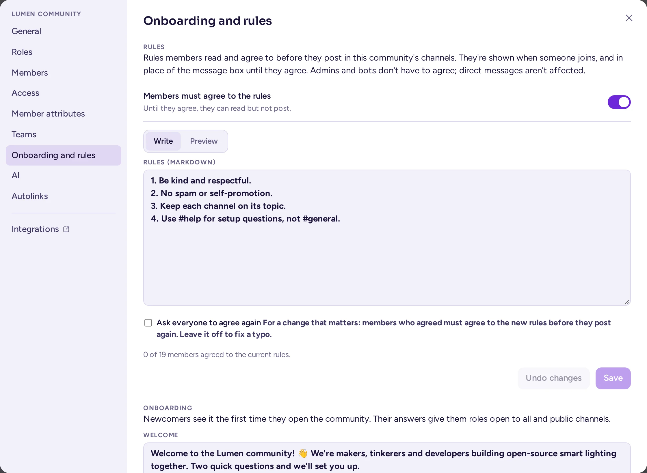The Rules section of the community settings' Onboarding and rules tab, with the rules written in Markdown and the switch to require agreement