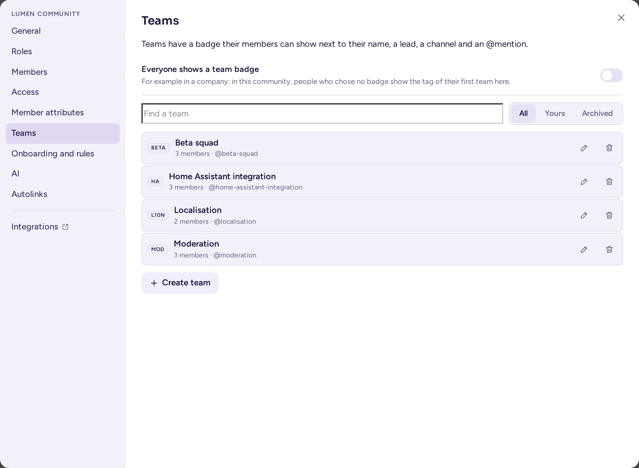 The Teams tab: a search box, an All/Yours/Archived filter, a list of team cards, and Everyone shows a team badge