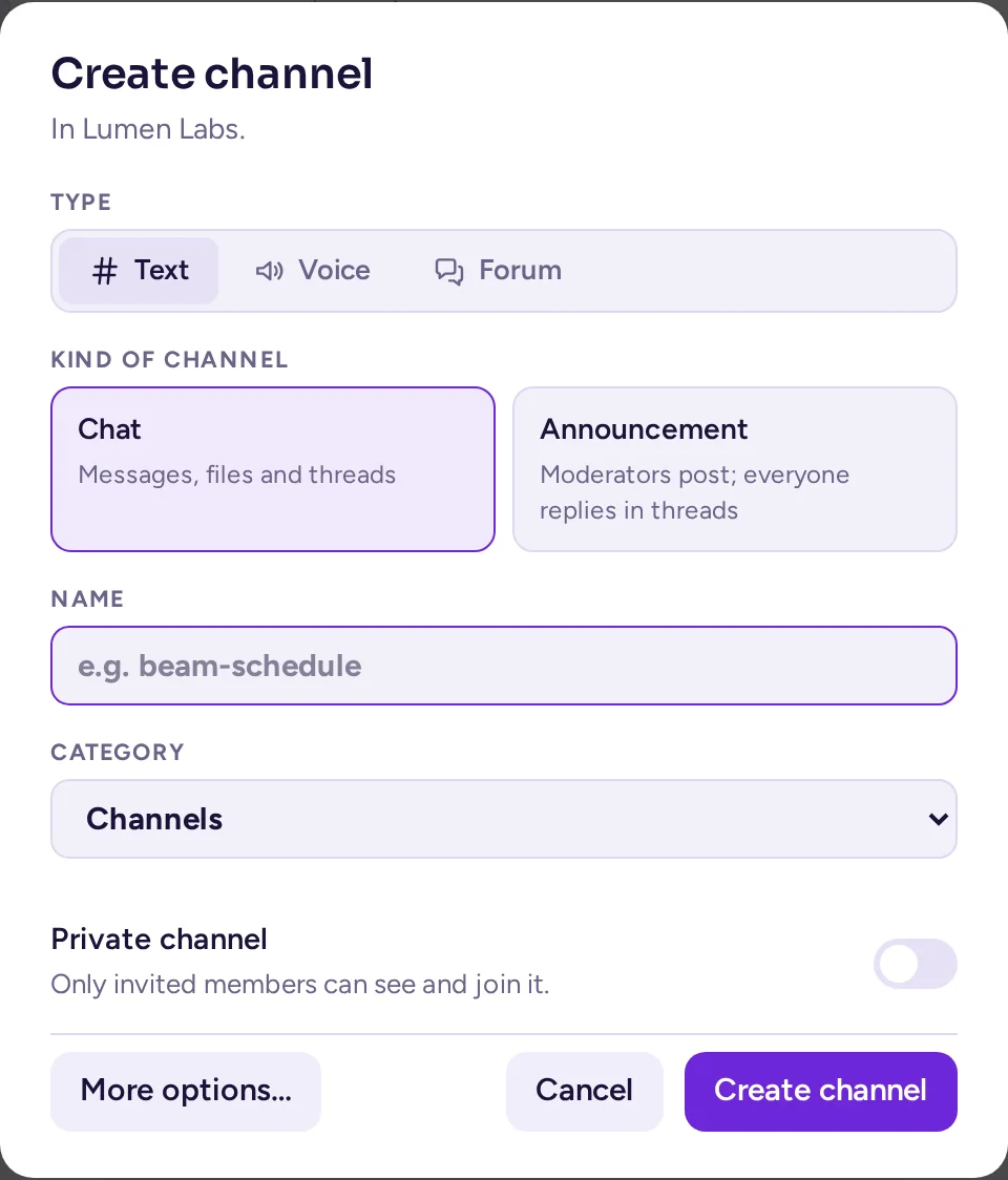 The create-channel dialog with the Text, Voice and Forum switch, and preset cards for the Text type: Chat and Announcement