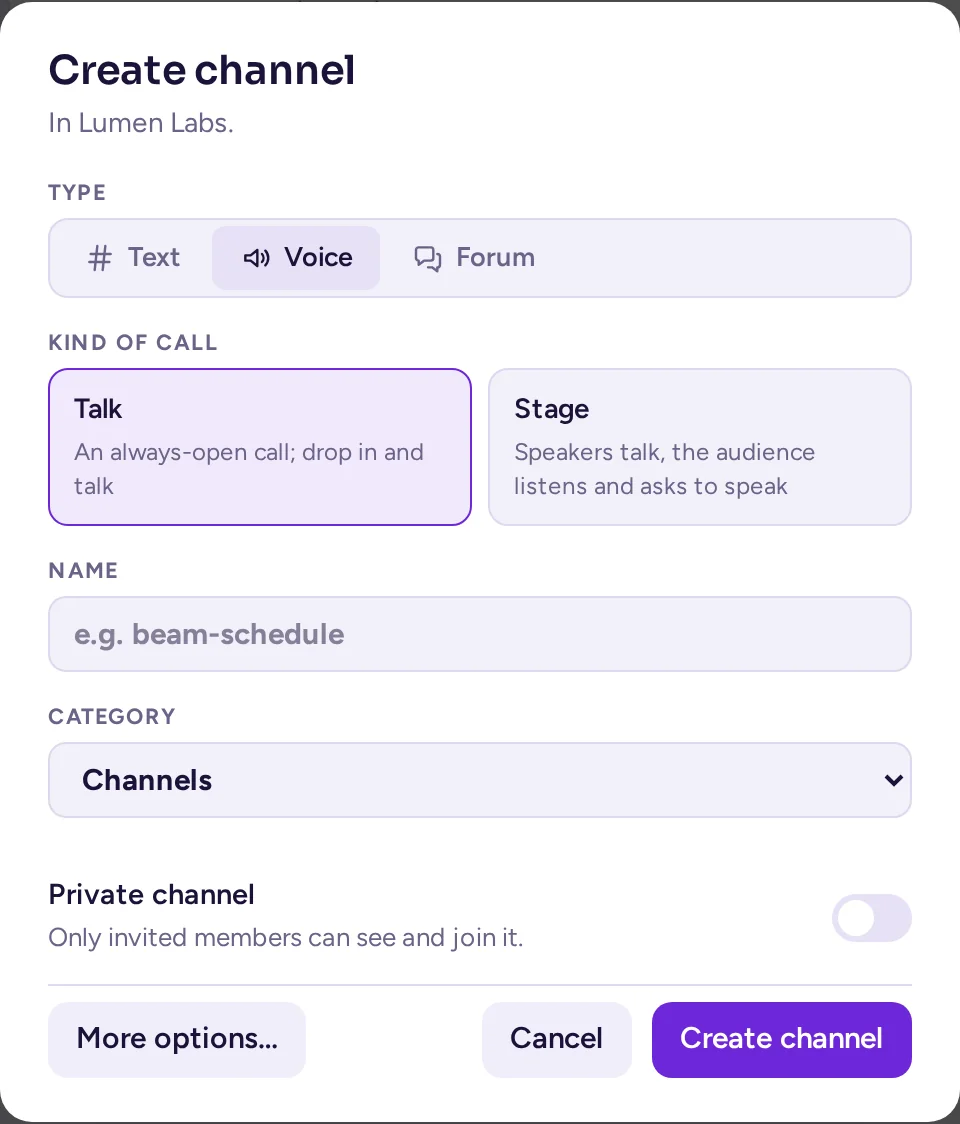 The create-channel dialog with Voice picked: the Talk and Stage preset cards, Voice Channels app active