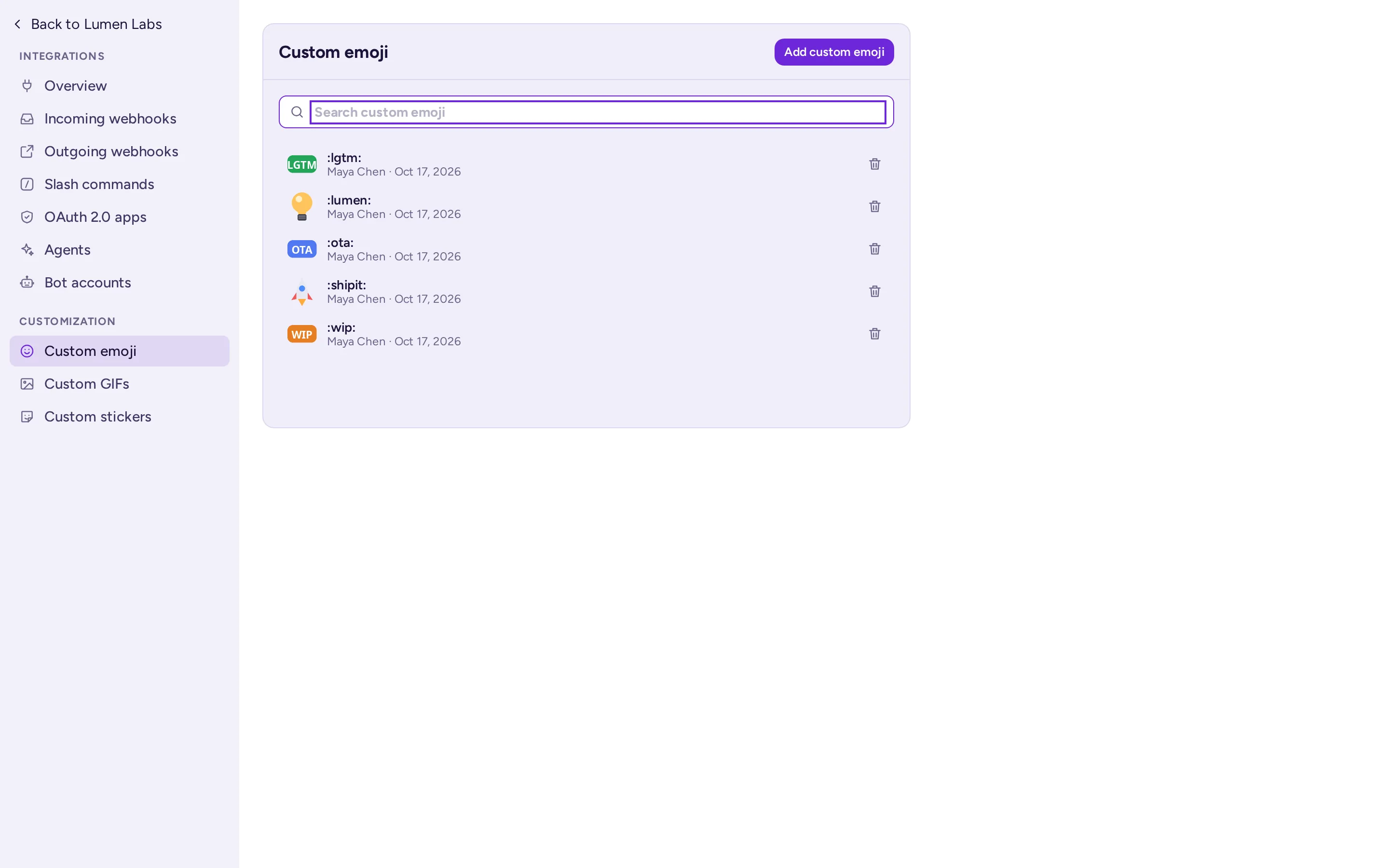 Integrations › Custom emoji, listing the server's custom emoji with who added each one and when
