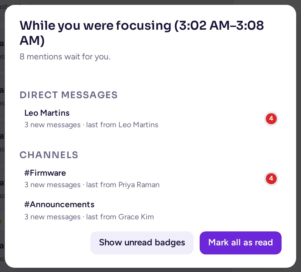 The summary shown when focus mode ends: the mentions, channels and threads that came in