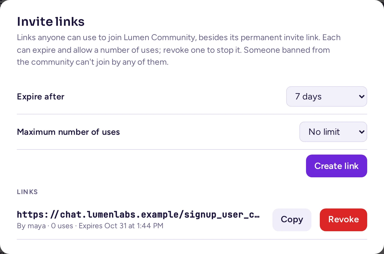 The Invite links dialog: Expire after, Maximum number of uses, Create link, and the list of links with Copy and Revoke