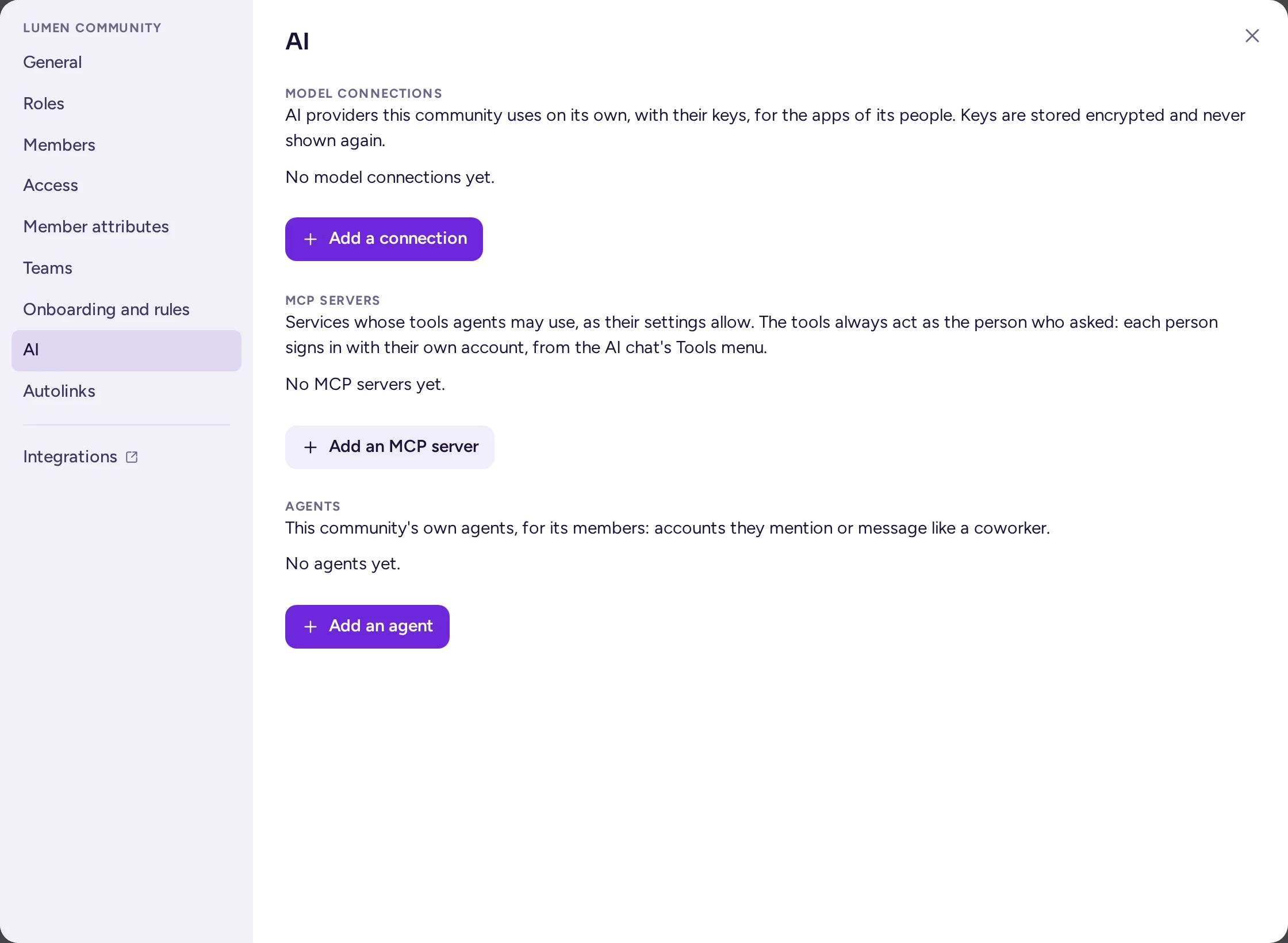A community's AI tab, with no model connections added yet