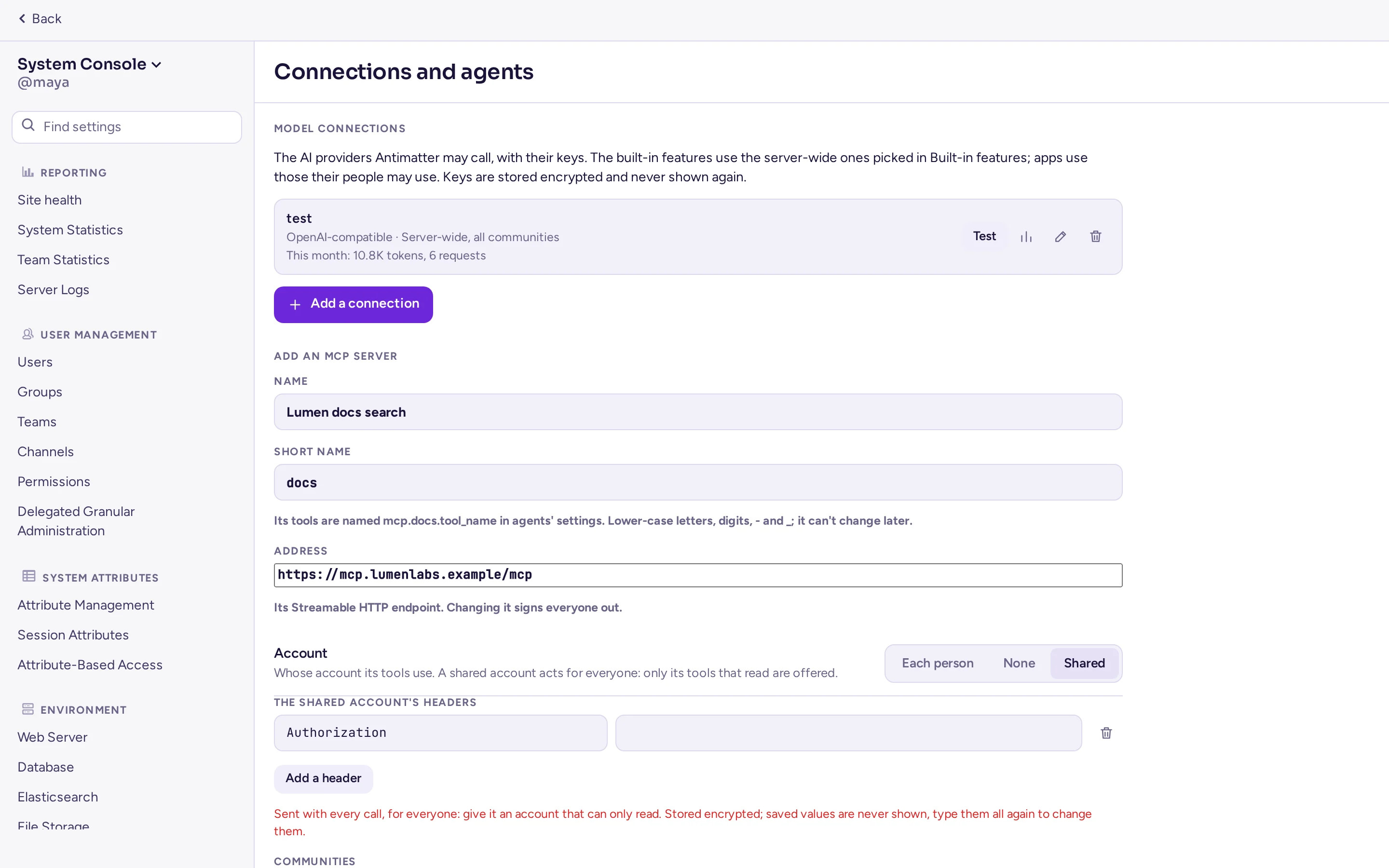 The Add an MCP server form: Name, Short name, Address, an Account choice (Each person, None, Shared) and, for a shared account, its headers