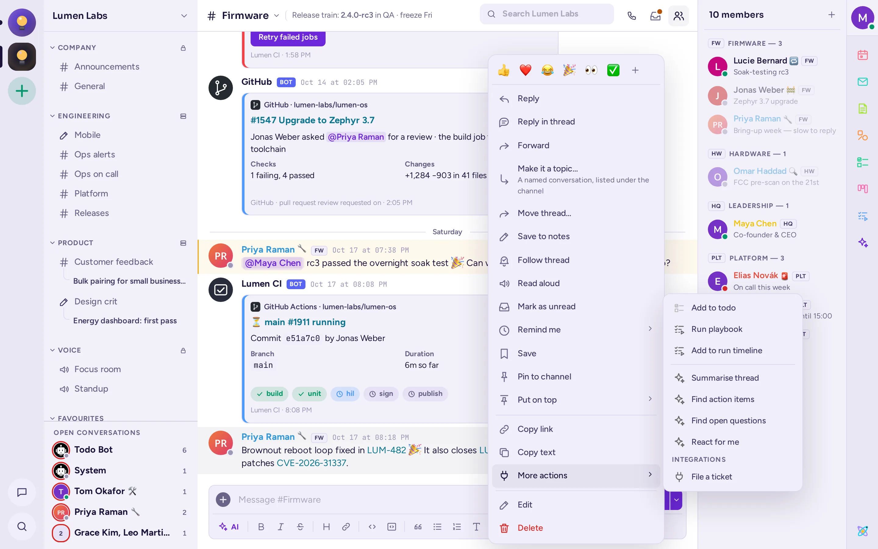 The message menu, open with More actions expanded: an app's AI actions, then an Integrations group with an outgoing webhook's action