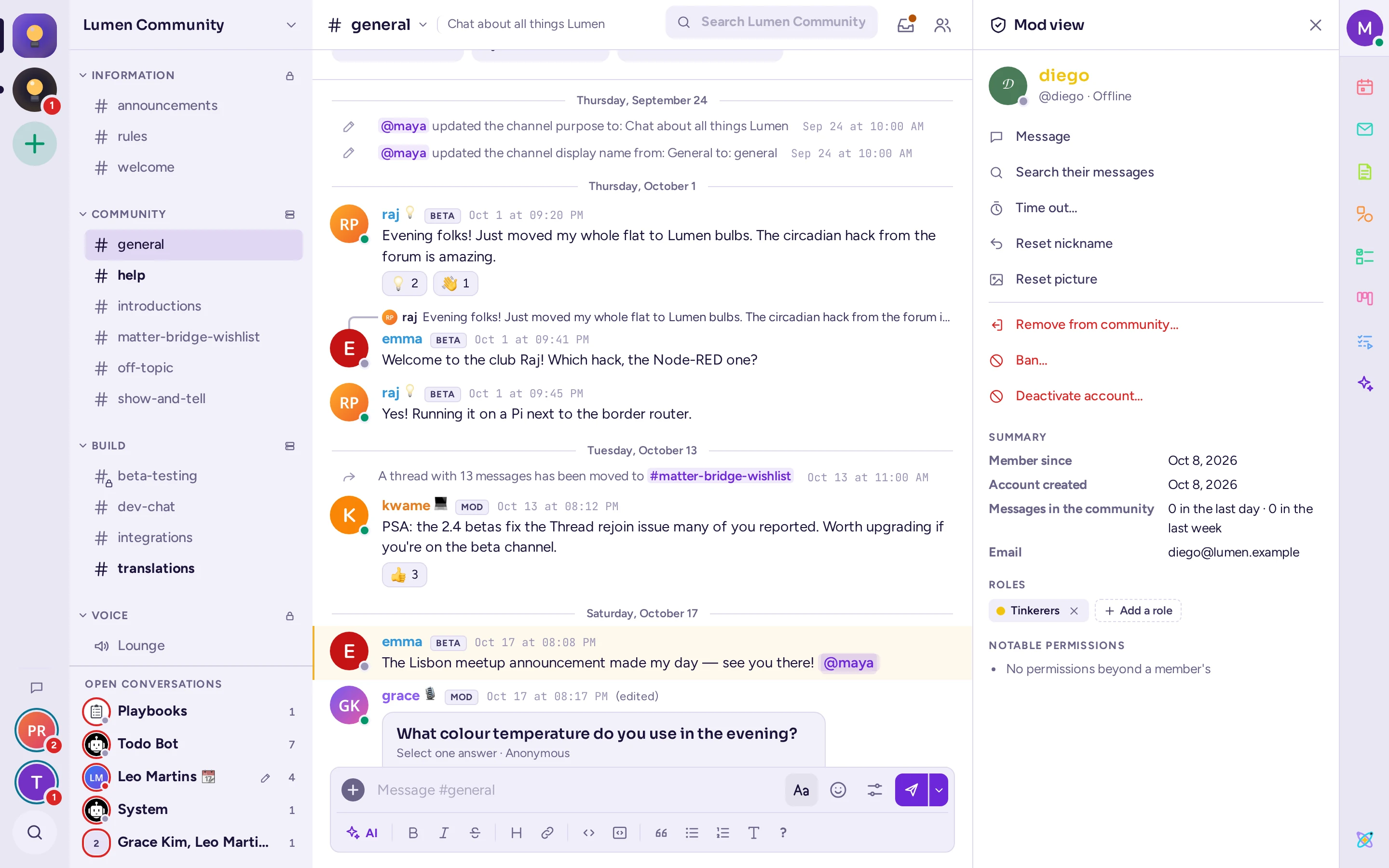 The mod view's action buttons, including Reset nickname and Reset picture for a member who set a community nickname and picture