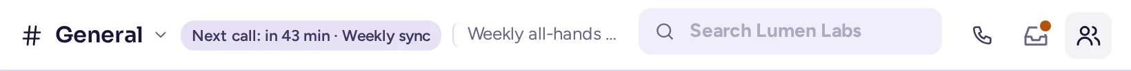 The channel header showing a chip: Next call, in 43 minutes, Weekly sync