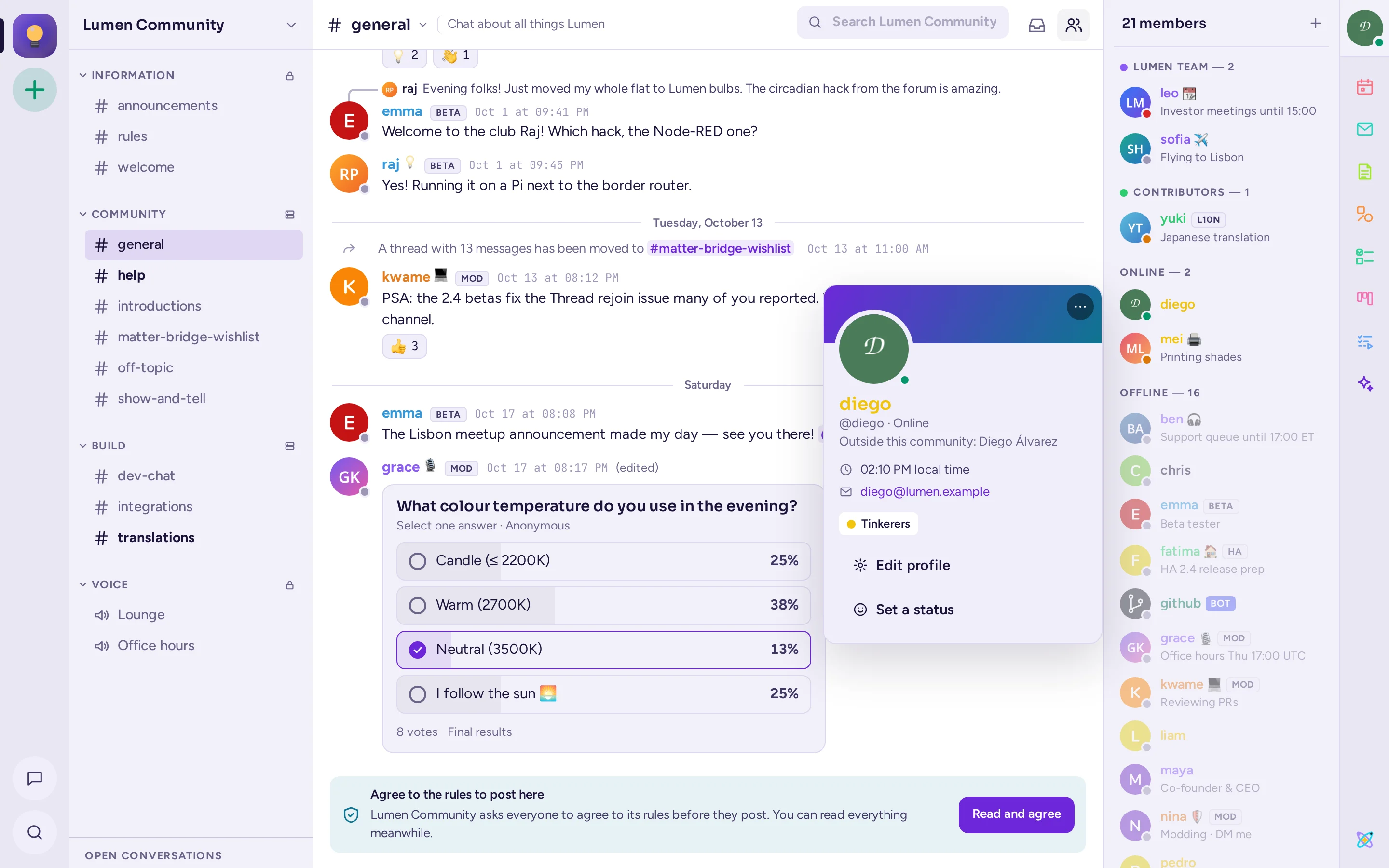 A profile card showing Outside this community: a person's global name, where a community shows people by username or nickname