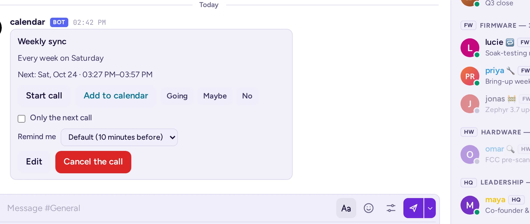 A scheduled call's post: the title, how it repeats, the next call's time, Start call, Add to calendar, Going, Maybe and No, Only the next call, Remind me, Edit and Cancel the call