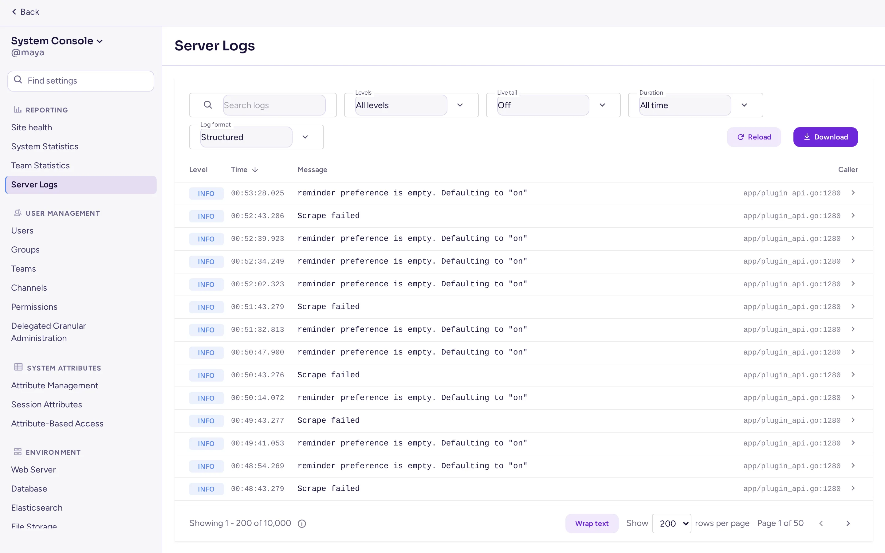 System Console › Reporting › Server Logs, with level badges, filters and a live tail toggle