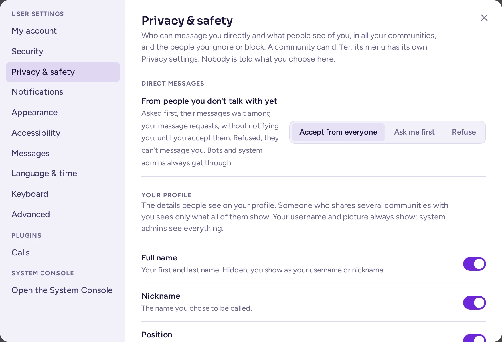 Settings › Privacy & safety: From people you don't talk with yet, and Your profile switches for Full name, Nickname, Position, Email address, Local time and Attributes