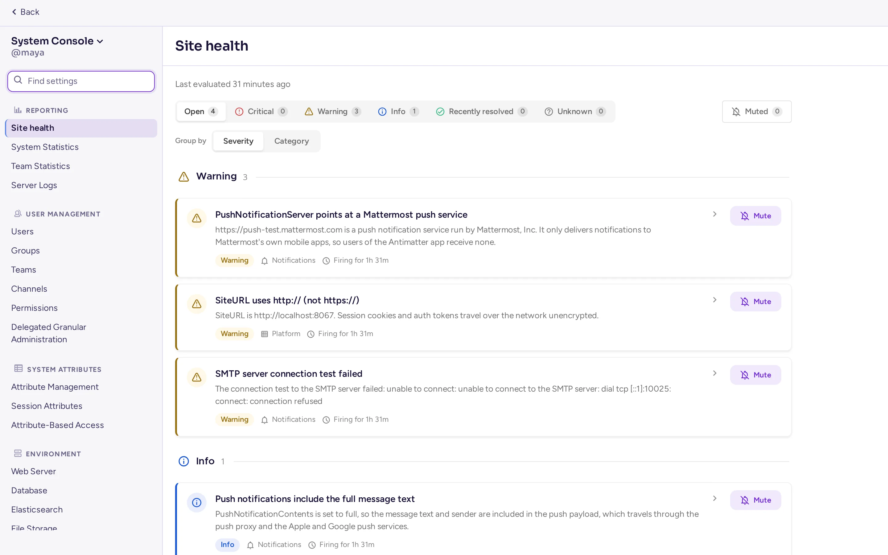 System Console › Reporting › Site health, with open findings grouped by severity
