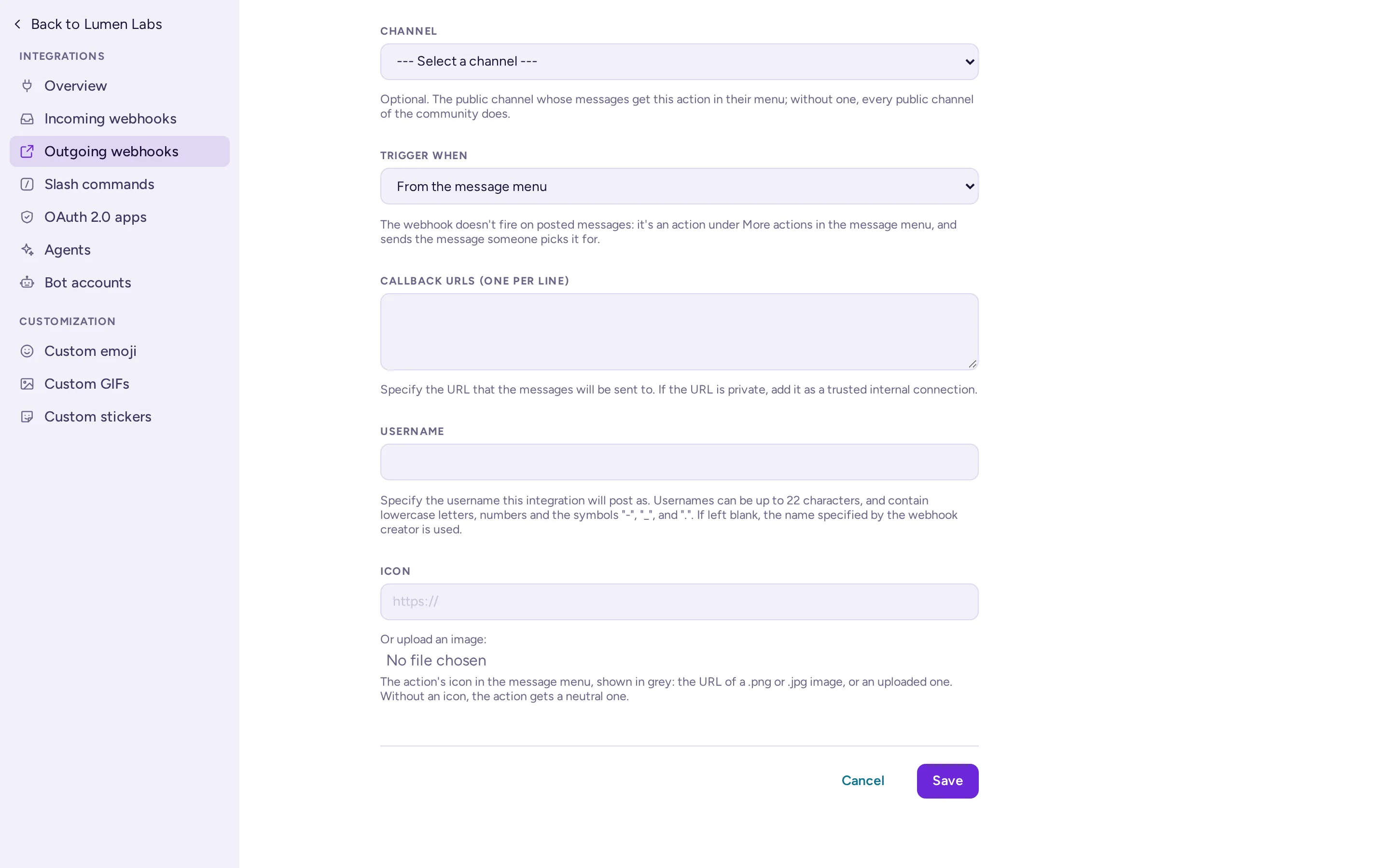 The outgoing webhook form with Trigger When set to From the message menu, and the Icon field below it